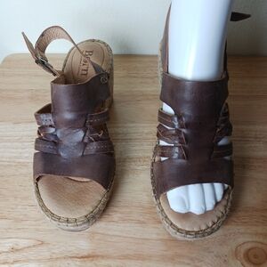 Born Brown Leather Wedge Sandals with Braided Detail